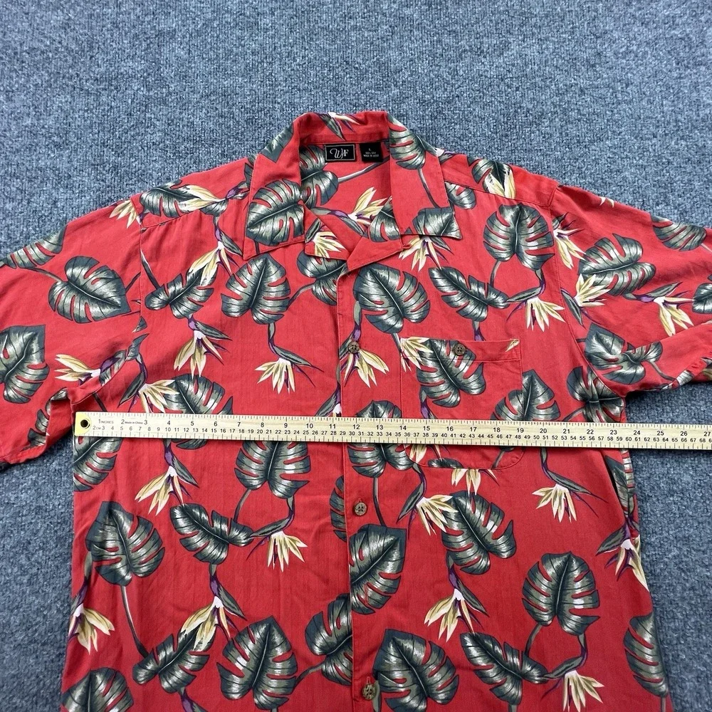 WF 100%‎ Silk Hawaiian Camp Shirt Mens L Red Tropical Leaf Print Short Sleeve